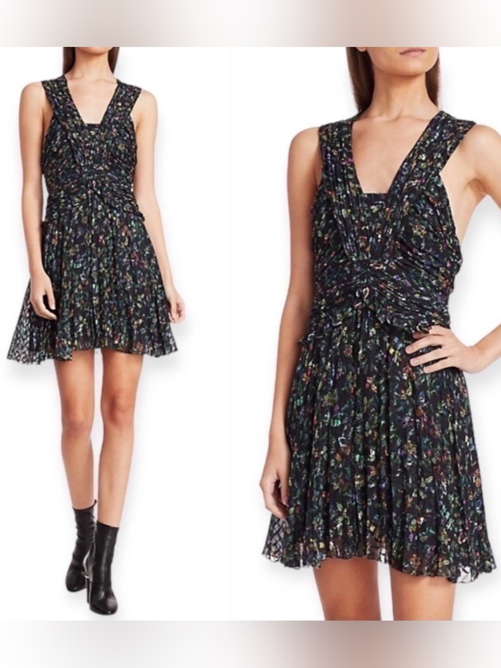 Derek Lam 10 Crosby Black Floral Silk Ruched Pleated Sleeveless Mini Dress Sz 4